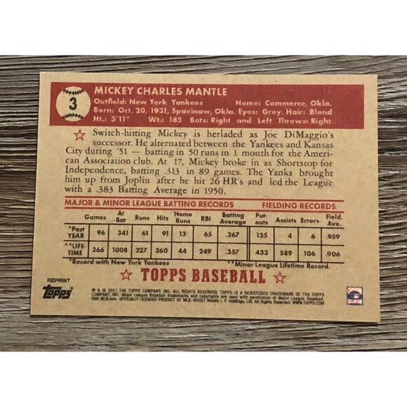 Mickey Mantle 2021 Topps 70th Anniversary Rookie Reprint Card #3 - Picture 2 of 3